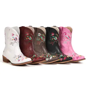 FIORALIE Women's Flower Embroidered Ankle Cowgirl Boots with Almond Pointed Toe Western Cowboy Style Chunky Heel Pull On Short Boots for Comfort and Style