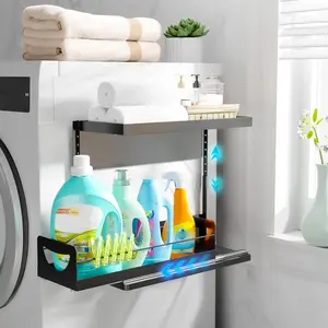 Heavy-Duty Magnetic Shelf With Pull-Out Drawers for Washing Machines, Dryers and Fridge; Height-adjustable Magnetic Shelf, Ideal for Storage in Laundry Rooms, Kitchens, and Living Rooms (Black)