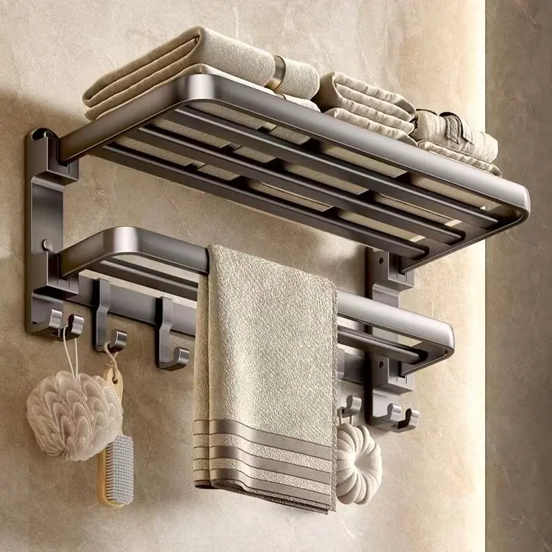 Manufacturer-Supplied Gunmetal Bathroom Hardware Organizer - No-Drill Towel Rack, Integrated Hanging Storage Shelf