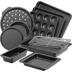 Bakeware Sets, Baking Pans Set, Nonstick Oven Pan for Kitchen with Wider Grips, 10 Pieces Including Rack, Cookie Sheet, Cake Pans, Loaf Pan, Muffin Pan, Pizza Pan - Grey