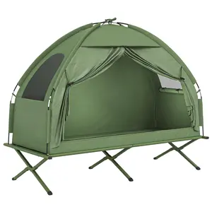 Single Person Tent Cot Combo – Folding Cot + Off-Ground Tent. 17" High. 190T Polyester + Oxford Fabric + Steel Legs. 225 lbs Cap. Carry Bag Included. For Hiking & Camping