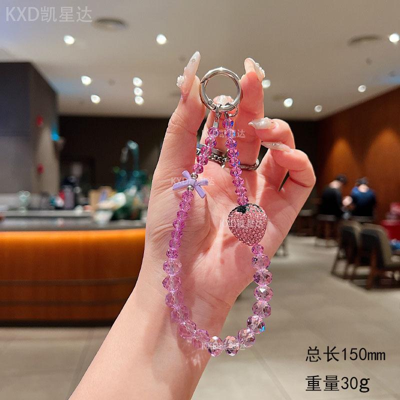 Premium sense rhinestone strawberry mobile phone chain crystal wrist beaded lanyard anti-drop crystal mobile phone chain anti-lost key chain Wireless Charm Aesthetic Cloth Smartphone Cellphone