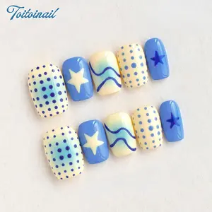 Star Wave Handmade Press-On Nails | Short Square Shape, 10pcs | Yellow Blue Star Wave Polka Dot | Summer Dopamine Aesthetic | For Daily, Picnic, School | High Gloss | Reusable DIY Nail Art Design