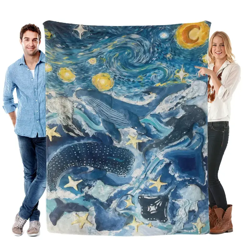Romantic Ocean Whale Shark Animal Blanket, Blue Watercolor Flannel Children Blanket, Cozy Throw for Kids and Adults, Perfect Gift for Children