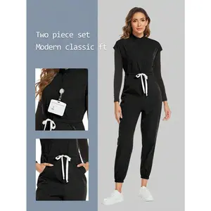 Cimmuovere Women's Black Stand Collar Jumpsuit Set with Pockets & Batwing Sleeves Minimalist Casual Wear Long Sleeve Crop Top Skirt Regular Fit 100% Polyester Basic Clothes Nursing Uniform Scrub Skirts Workwear