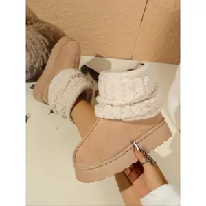 Women's Fashionable Black Suede Knitted Cuff Platform Snow Boots, Comfortable Warm Footwear for Daily & Cold Weather Wear, Female All - match Shoes, Girl, Snow Boots, Winter Boots, Platform Boots, Knitted - Cuff Boots, Ankle Boot