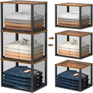 3 Pack Stackable Closet Organizers and Storage Basket, Closet Shelves with Wood Top Extra Storage, Multifunctional Clothes Organizer Bins Cube Storage Drawer for Wardrobe Kitchen Laundry Room, Black