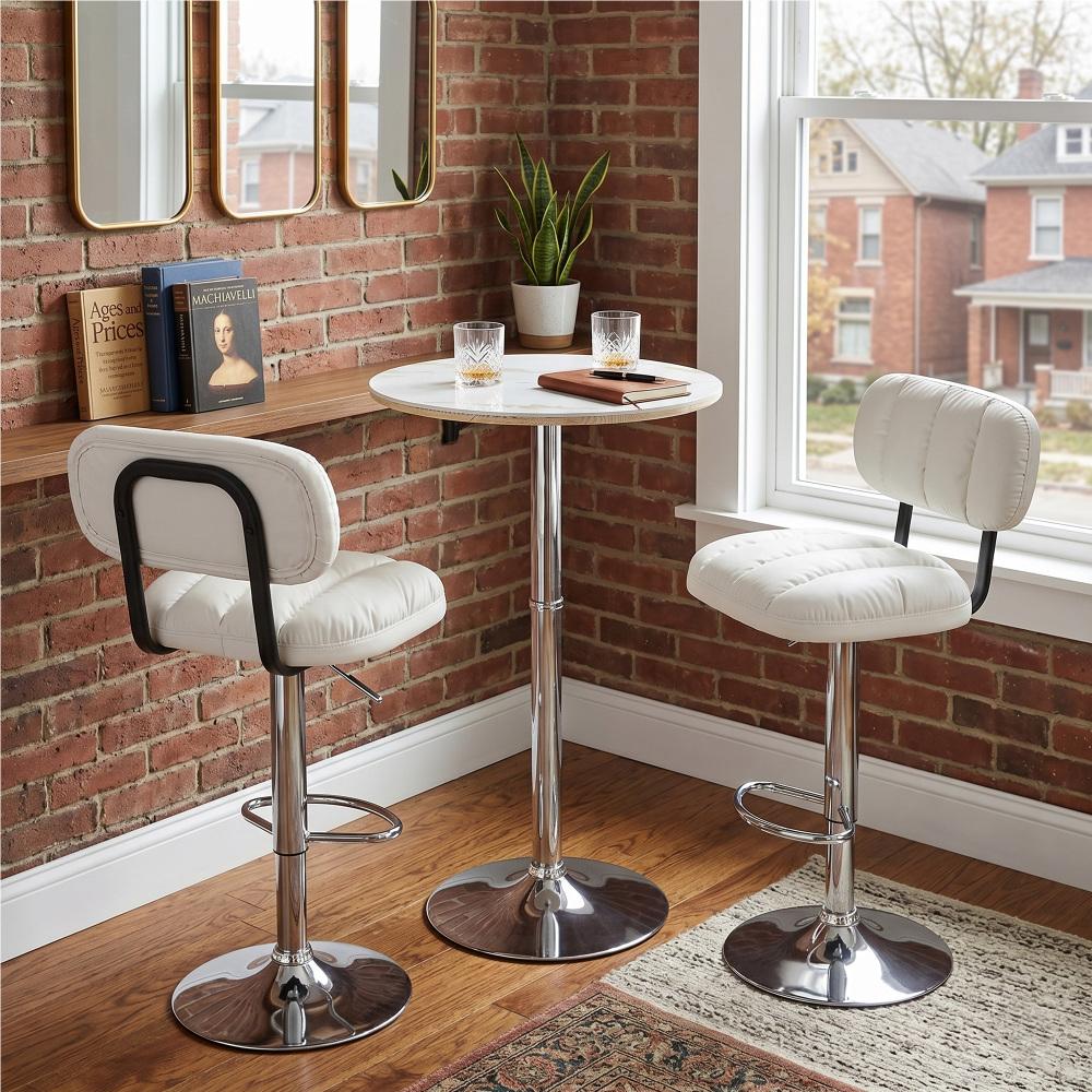 Adjustable Bar Height Set, Round White Marble Pub Table with Gold Chrome Leg & 2 Black Padded PU Leather Bar Stools with Swivel Function, Bistro Set for Small Spaces