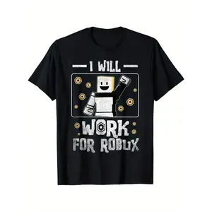T-Shirt 'I Will Work For Robux' Pixelated Character Graphic Breathable Moisture-Wicking Casual Crew Neck Tee Multi-Season Comfort Fit Ideal Gift For Boys Girls Gaming Enthusiast Apparel