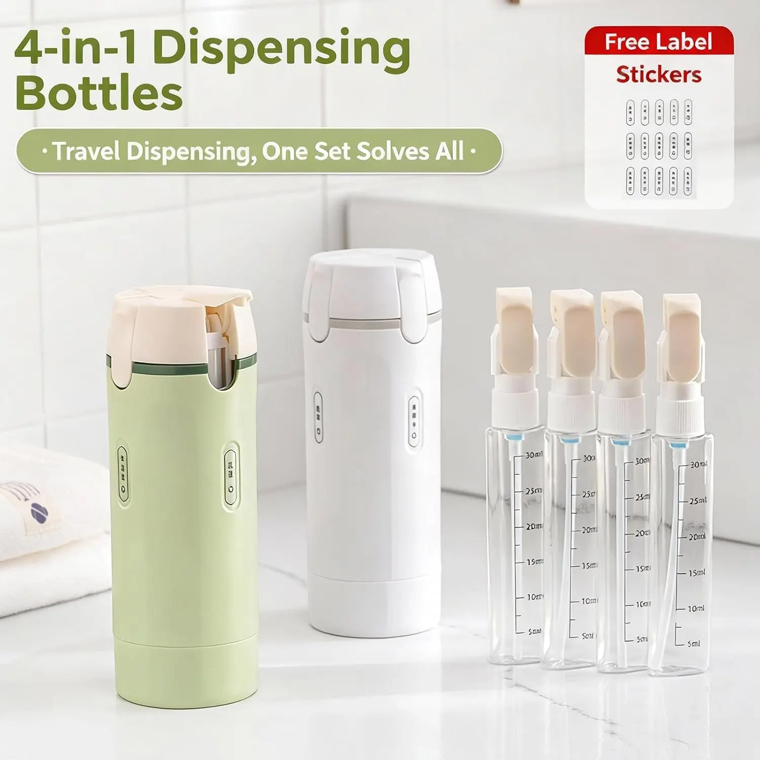 4-in-1 Travel Toiletries Dispenser, Leak Proof Divided Bottles for Shampoo Conditioner Lotion Body Wash, Squeeze Free Compact Container, Carry On Airplane Friendly, Portable Cosmetic Storage, Eco-Friendly, Silicone