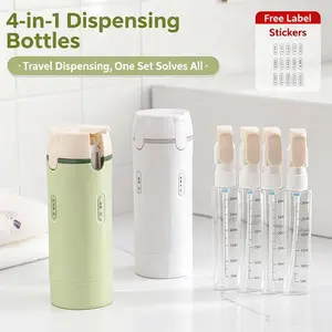 4-in-1 Travel Toiletries Dispenser, Leak Proof Divided Bottles for Shampoo Conditioner Lotion Body Wash, Squeeze Free Compact Container, Carry On Airplane Friendly, Portable Cosmetic Storage