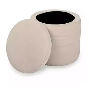 Round Ivory Channeled Storage Ottoman Upholstered Footrest Stool Living Room Storage Seat Modern Decor
