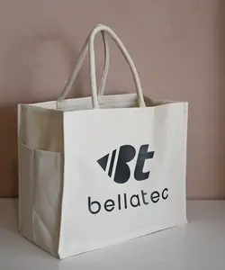 bellaTec Tote Bag - 100% Reused Organic Cotton Large Tote with Side Pocket for Water Bottle & inside Flap Pocket for Keys