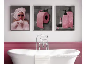 Pink Glam Bathroom Wall Art Set of 3, Glitter Y2K Aesthetic Prints, Modern Girly Vanity Decor, Chic Printable Wall Art for Bathroom Frames Glossy wall decor set