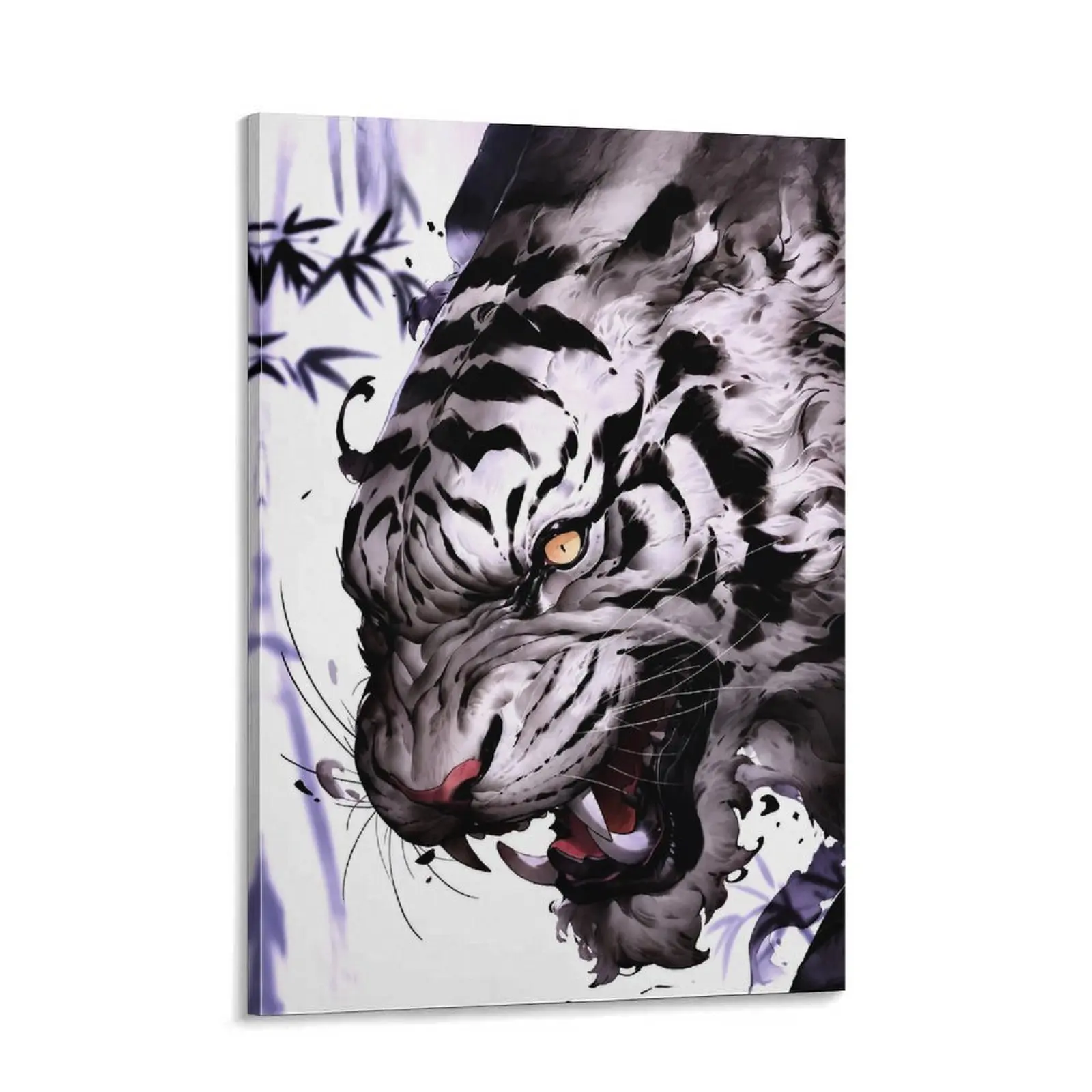 Japanese Ink Wash Style Fierce White Tiger Canvas Wall Art - 1-Piece Bold Impact Poster, Ready to Hang Tiger Power Decor for Living Room, Living Room Decor, One-Piece