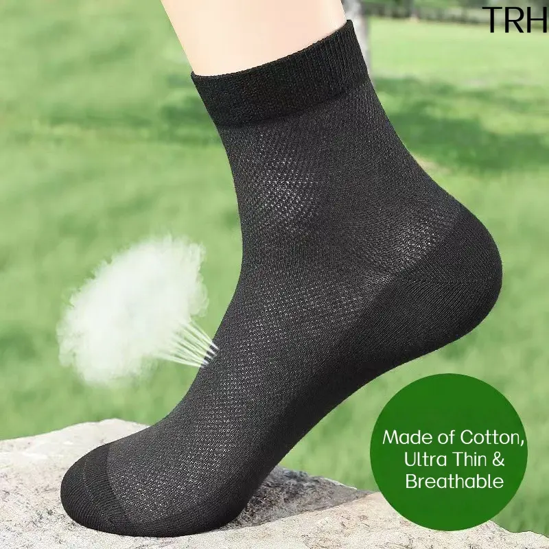 Big & Tall Men’s Cotton Mid Calf Socks, Extra Wide Plus Size 44-50 Breathable Mesh Thin Summer Crew Socks, Sweat Wicking Loose Non Binding Casual Daily Footwear