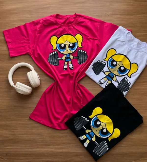 Powerpuff Girls Bubbles Lifting Weights Graphic Tee  Y2K Cartoon Gym T-Shirt Aesthetic Oversized Summer Top T-shirt, Hoodie and Sweatshirt