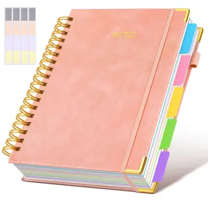 Large B5 hardcover spiral notebook with removable dividers/tabs, 300 pages, leather cover, five subjects, college ruled; 8″ × 10″ lined notebook for school work and note taking; aesthetic journal for women.