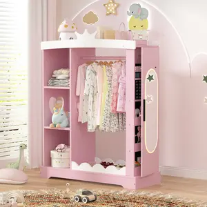 Topwin Kids Armoire with Jewelry Cabinet, Full-Length Lighted Mirror, Dress up Storage with Mirror and Shelves, Princess kids wardrobe, Pink & White