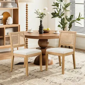 French Country Dining Chairs Set,Farmhouse Upholstered Dining Room Chairs with Rattan Back and Solid Wood Leg,Rattan Kitchen Chairs for Kitchen/Bedroom/Dining Room