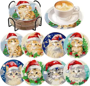 8Pcs Colorful Plastic 5D Diamond Painting Christmas Cat Coaster Set, Non-Slip Tableware Drink Mats with Holder, DIY Needlework Craft for Cat Lovers Christmas Decor