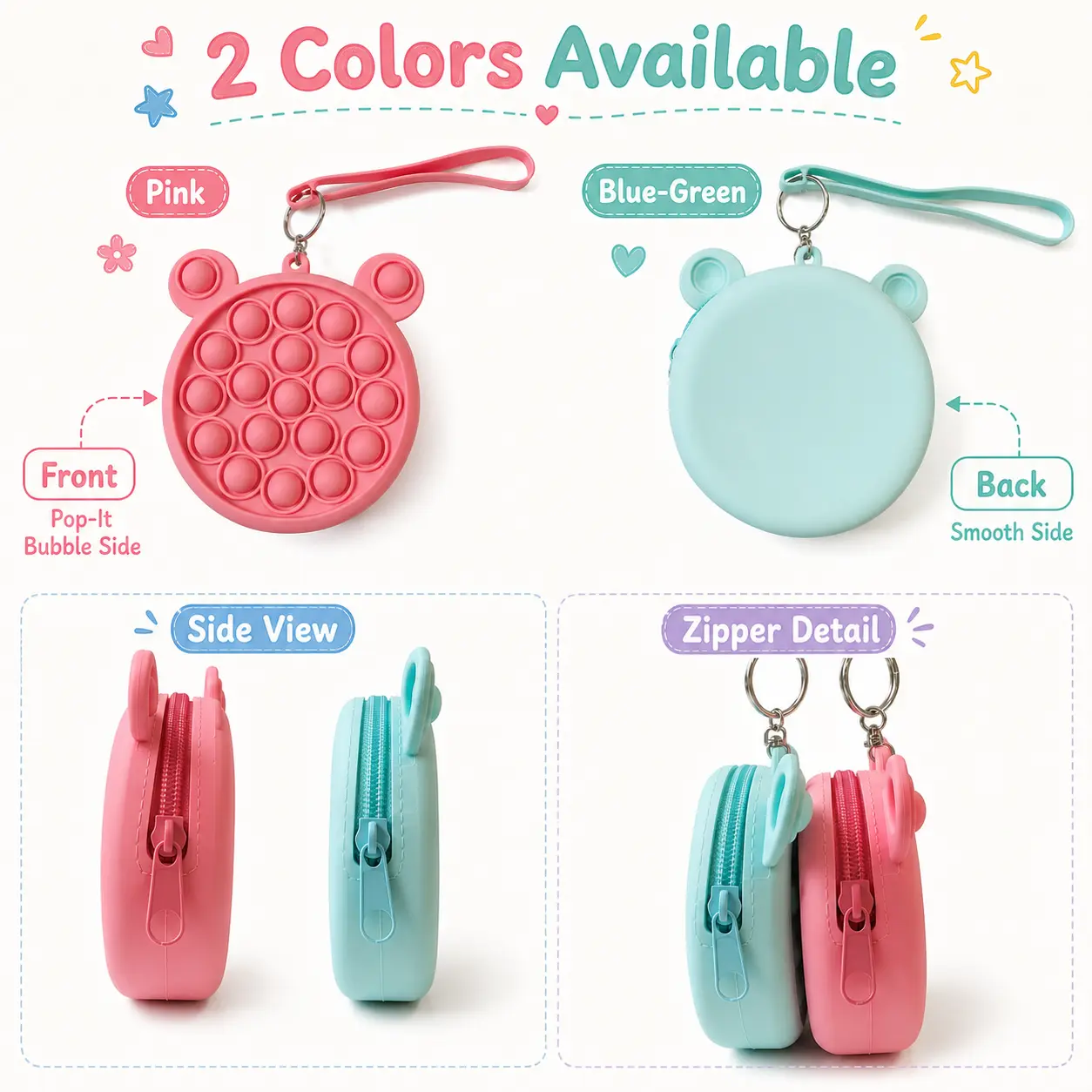 Cute Bear Bubble Fidget Silicone Coin Purse with Zipper & Wrist Strap, Mini Soft Wallet for Back to School & Party Use, Fits Coins, Cards, Keys, Earbuds, Tiny Essentials, Youth Classroom Prize, School Bag Piggy Bank Accessory Small Wallet Coin Holder