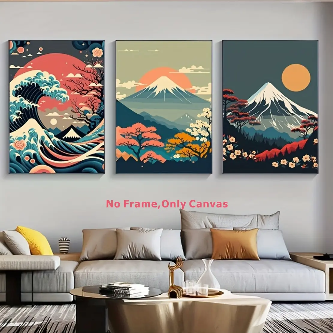 3-piece set of frameless canvas printed decorative paintings, Unframed Painting, Japanese natural landscape wall canvases, modern art wall prints, home & living room decor, canvas paintings, home decoration, Decoration Items