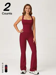 Women's Solid Crisscross Backless Camisole Top & High-Waisted Flare Leg Sports Joggers Set, Quick Drying Two-piece Set, Back-Flattering Design, Ladies Sportswear for Gym Workouts, Running Yoga Clothes, Workout Casual Wear, Yoga Tracksuit Set