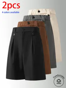 2-pack men’s suit shorts, men’s shorts, men’s mid-thigh shorts. Two-button pleated wide-leg mid-length shorts—elastic waistband that doesn’t squeeze, loose fit, available in four colors. Suitable for everyday wear, commuting, work, shopping, and relaxing