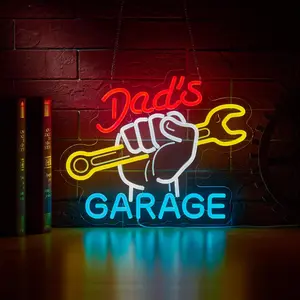 Dad's Garage Neon Sign with LED Light Letters, Wall Décor for Auto Repair Shop, Father's Day Gift for Man Cave Workshop