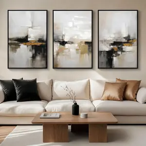 Abstract Neutral Wall Art Black and Brown Grunge Framed Mid Century Modern Wabi Sabi Textured Canvas Painting Artwork for Living Room Bedroom Office- 3 Panels, 16x24 Inch, Ready to Hang