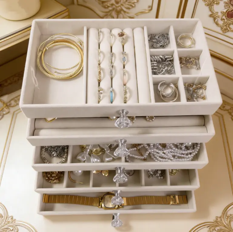 Transparent Acrylic 5-Layer Jewelry Organiser with Soft Velvet Drawers, Stackable Vanity Aesthetic Countertop Storage for Women's Accessories, Rings, Earrings, Necklaces
