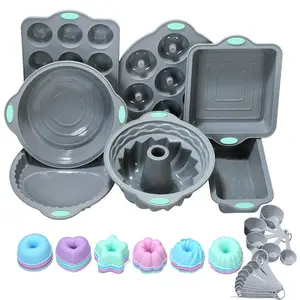 31 Pieces Silicone Baking Pans Set, Nonstick Bakeware Sets, Non-Stick Silicone Molds, with Metal Reinforced Frame More Strength, Light Grey Cake Birthday