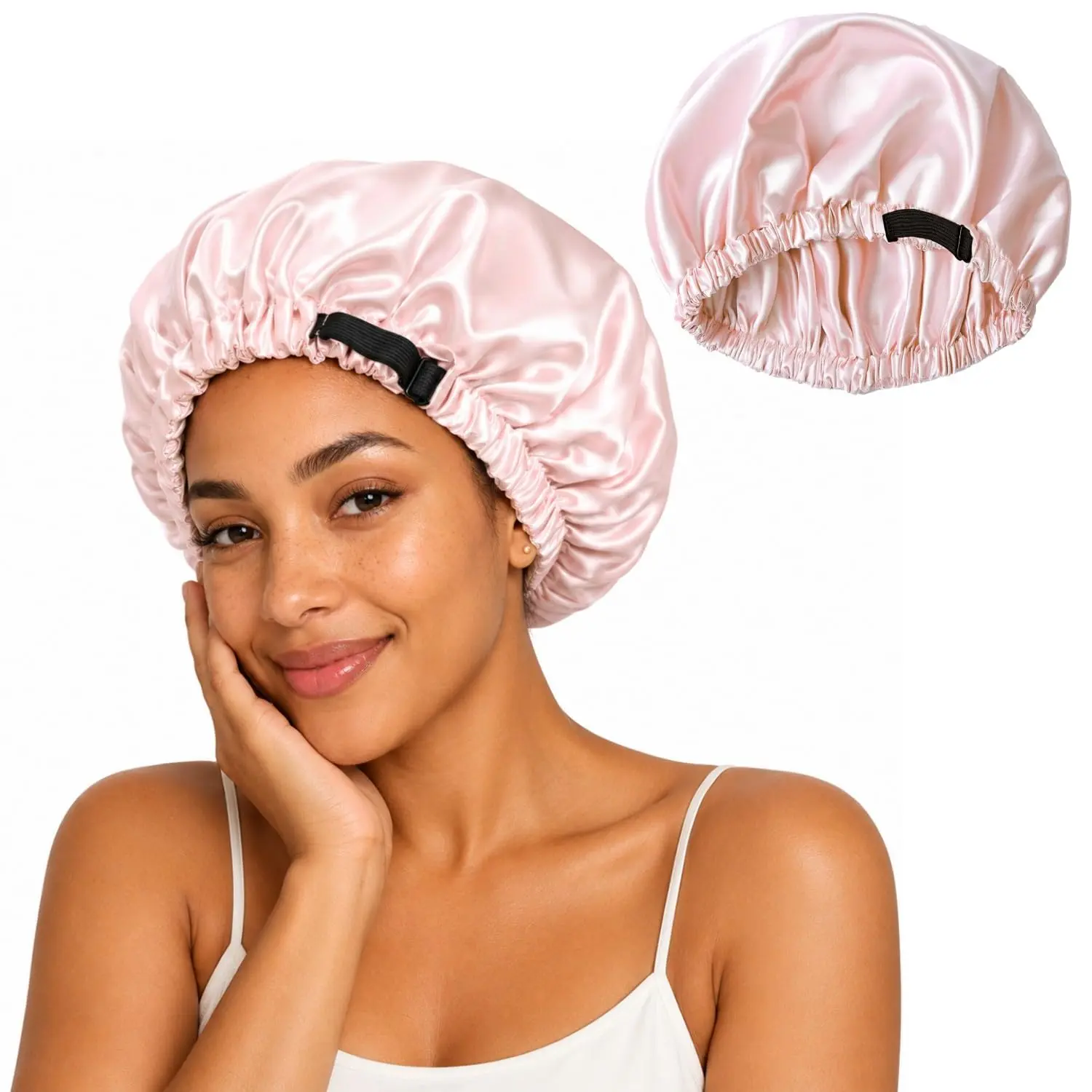 Women’s Satin Bonnet for Sleeping, Double Layer Sleep Cap, Pink | Adjustable double layer design helps protect long, short, thick, and curly hair, braids, and extensions from frizz overnight