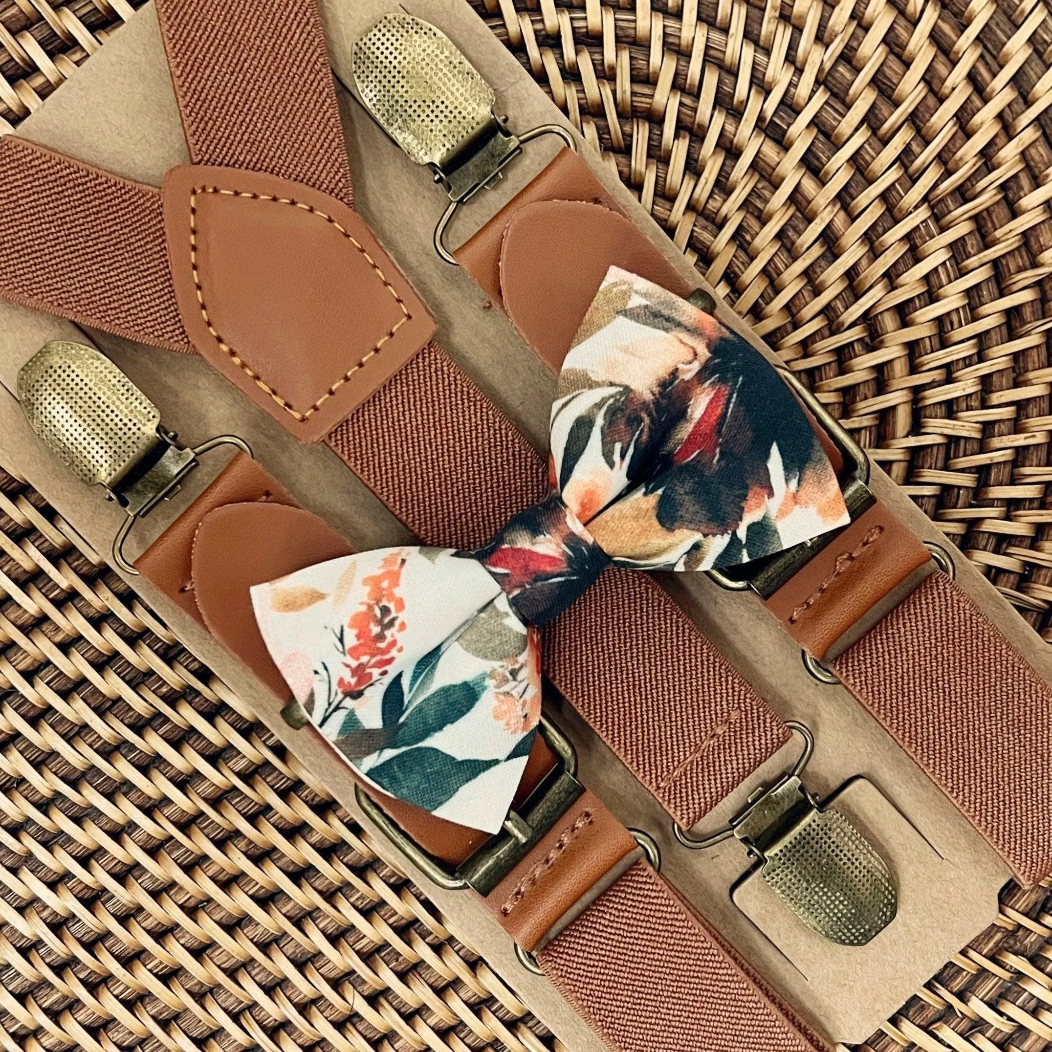 Ivory Terracotta Bow Tie with Cognac Vegan Leather Buckle Suspenders