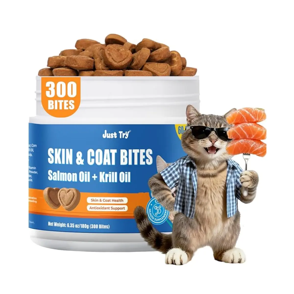 Just Try 6.35OZ Skin & Coat Bites for Cats – With Salmon Oil and Krill Oil. Rich in Omega-3, DHA, and EPA. Supports Healthy Skin, a Glossy Coat, and Antioxidant Protection.