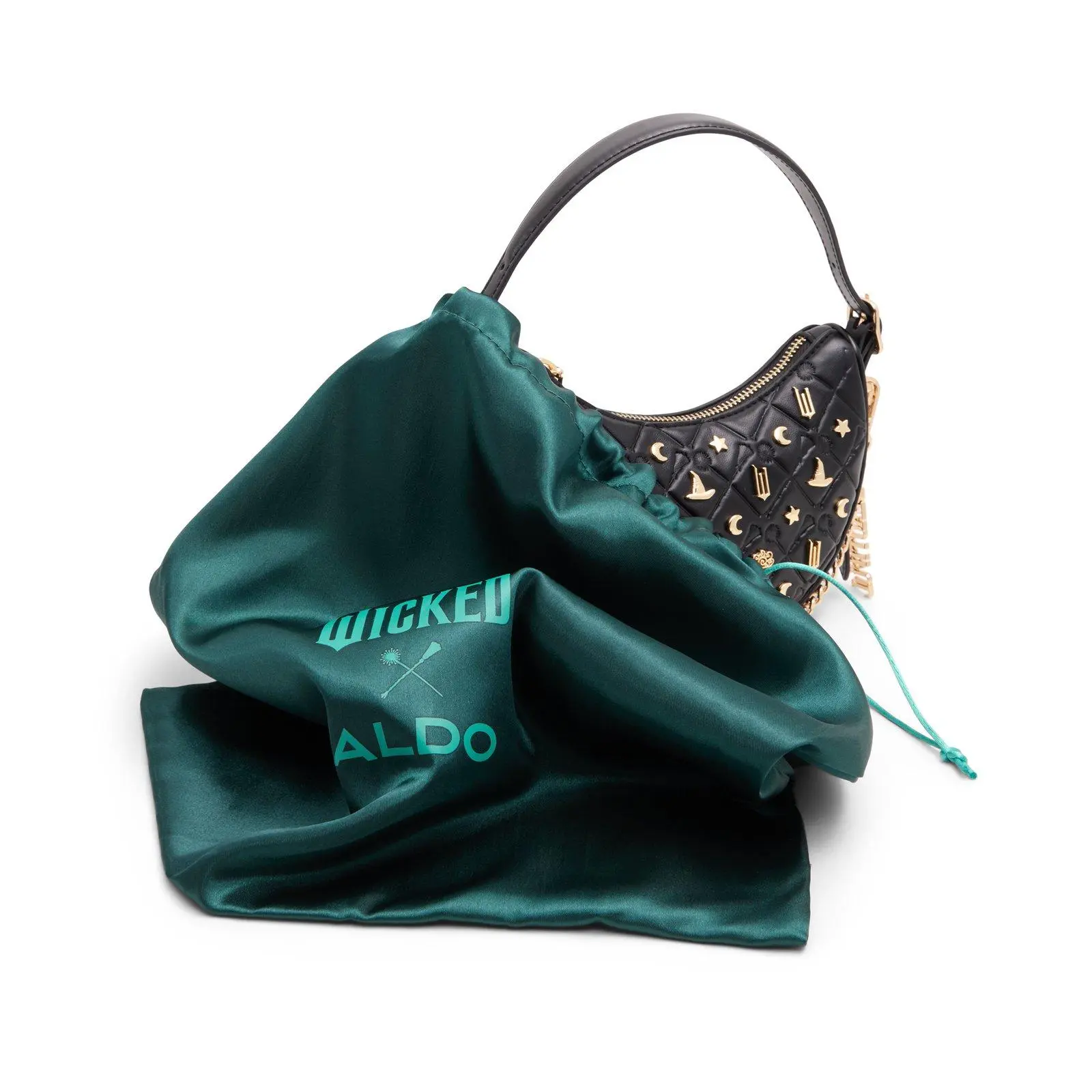 Wicked x ALDO Goodnews Black Crescent Handbag with Gold Appliques