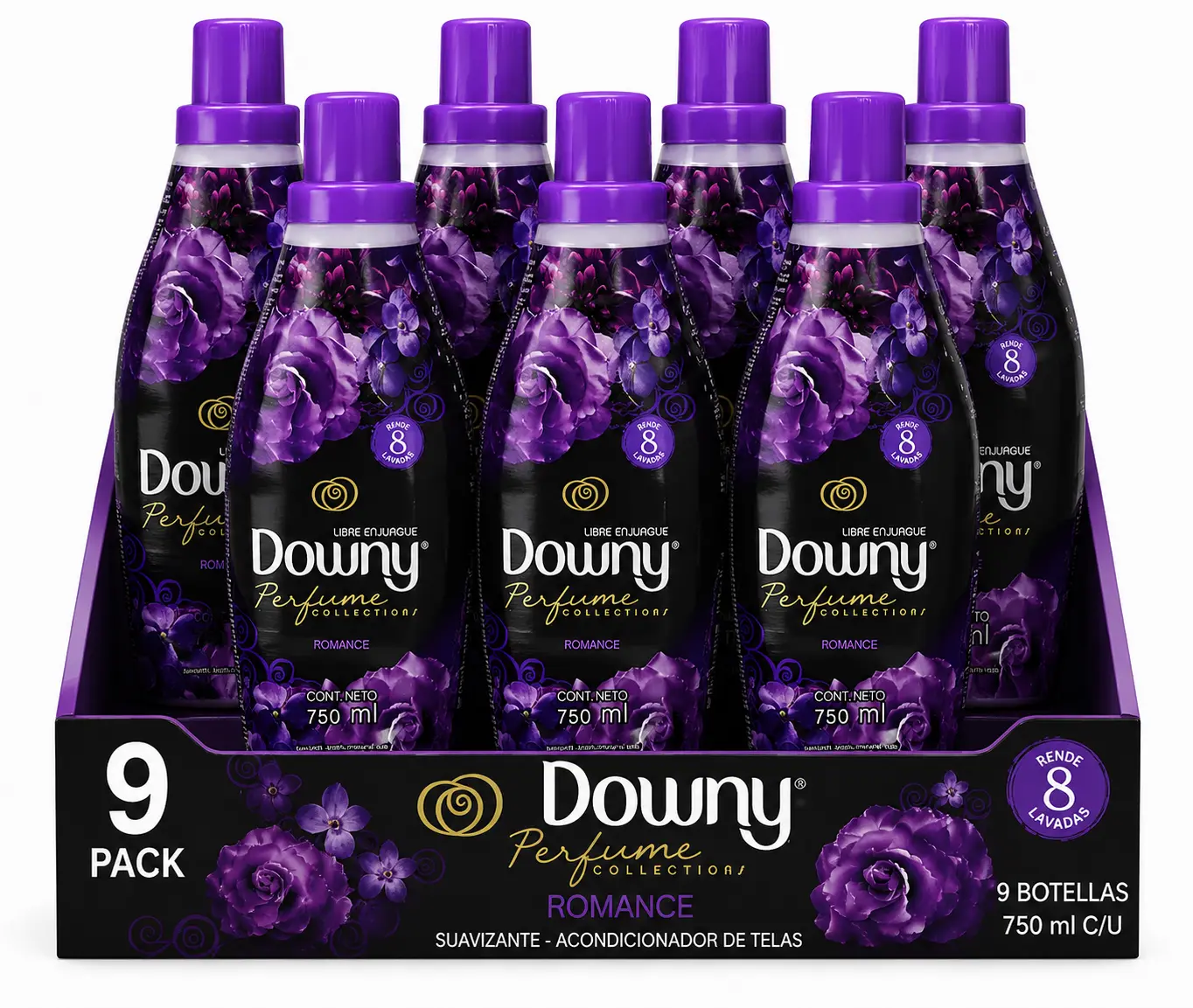 Downy Perfume Collections Romance Liquid Fabric Softener, 9 Pack, 750 ml Bottles, Long-Lasting Floral Fragrance