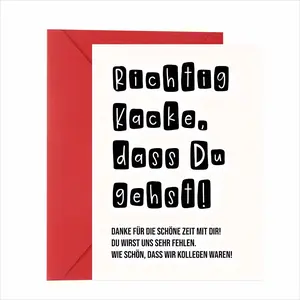 Boring goodbye cards? Nope. This one says “IT SUCKS you’re leaving” (chaotic German slang) + secret soft vibes: “we’ll miss you”. Thick nice paper + red envelope—funny and sincere. Your departing work bestie will cackle then cry. Way better than generic o