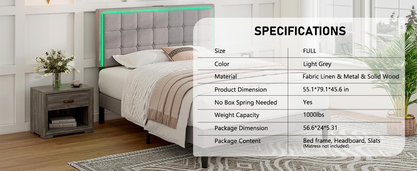 AMERLIFE Modern Bed Frame with RGB LED Lights and Linen Upholstered Headboard, Button Tufted Platform Bed Frame with USB Charging Station, Only Bed Frame/Affordable Luxury Bed Frames/Full/Queen/King/Best Gift Ideas/Christmas Gifts