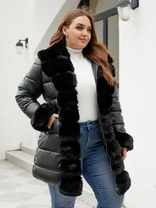 Women's Winter Long Hooded PU Cotton Coat, Elegant Fitted Warm Everyday Jacket with Belt, Vintage Plush Patchwork, Fall & Winter Outerwear