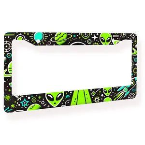 Neon Green Alien & Space Aluminum License Plate Frame - UFO Sci-Fi Style Car Accessory - Trippy Alien Galaxy License Plate Frame