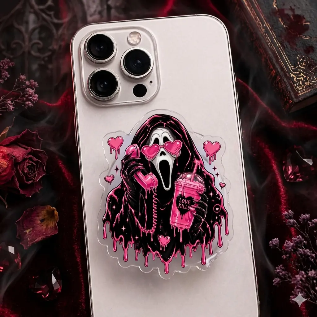 Horror Cute Acrylic Phone Grip, Expandable Phone Holder Stand, Pink Gothic Aesthetic Drip Design, Anti Slip Grip for iPhone Samsung