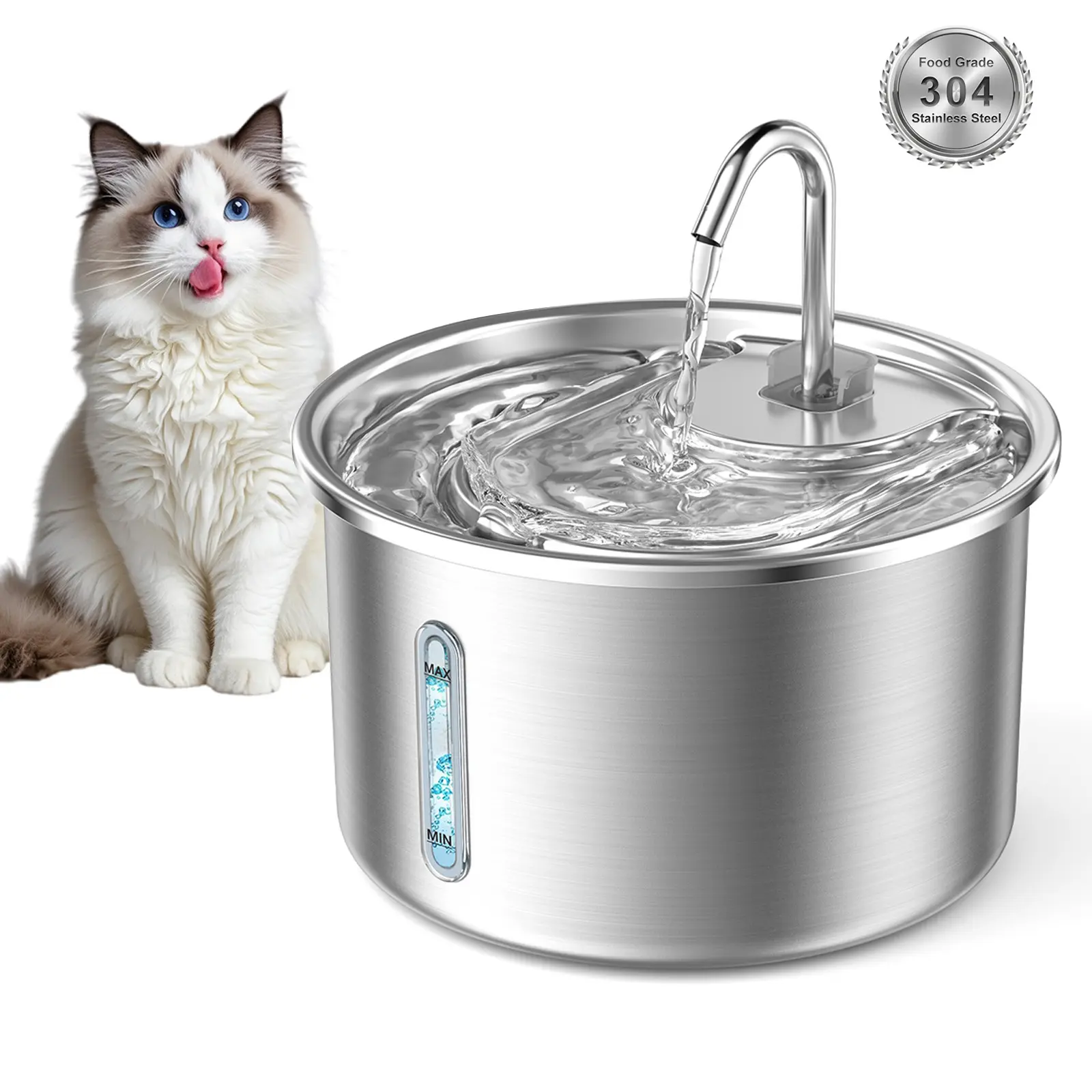 stainless steel cat fountain Pet Water Fountain 3L/101Oz, Plug-in with Quadruple Filtration System Stainless Steel Elbow Window Design for Real-time Water Level Monitoring Automatic Gravity Feeder