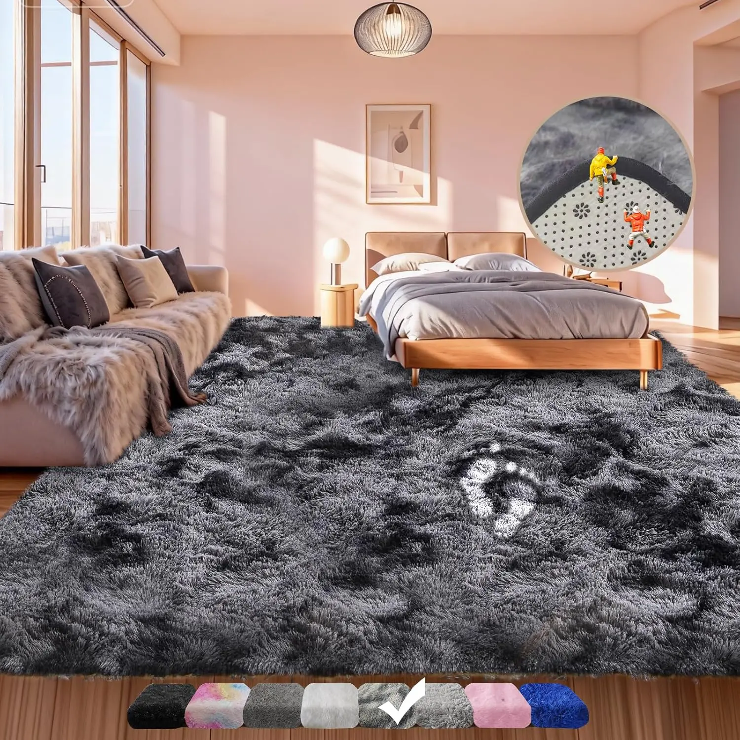 Large Shag Area Rugs 5x7 Feet, Tie-Dyed Plush Fuzzy Rug for Living Room, Soft Furry Rugs for Bedroom, Indoor Big Carpet Nursery Rugs for Kids Room Home Decor, Black Grey