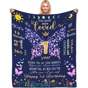 Butterfly 1st Birthday Blanket for Girl | Personalized Gift for One Year Old Baby Girl | Keepsake First Birthday Gift | Soft Baby Throw