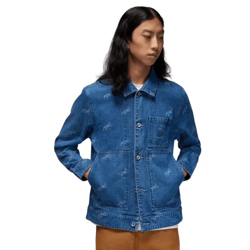 Air Jordan Men's Flight Heritage Denim Coat - 100% Cotton Menswear, Long Sleeve Casual Street Fashion Outerwear with Embroidered Logo and Patch Pockets, Coats, Tops, Embroidery, Buttons, Jackets, Denim Jacket