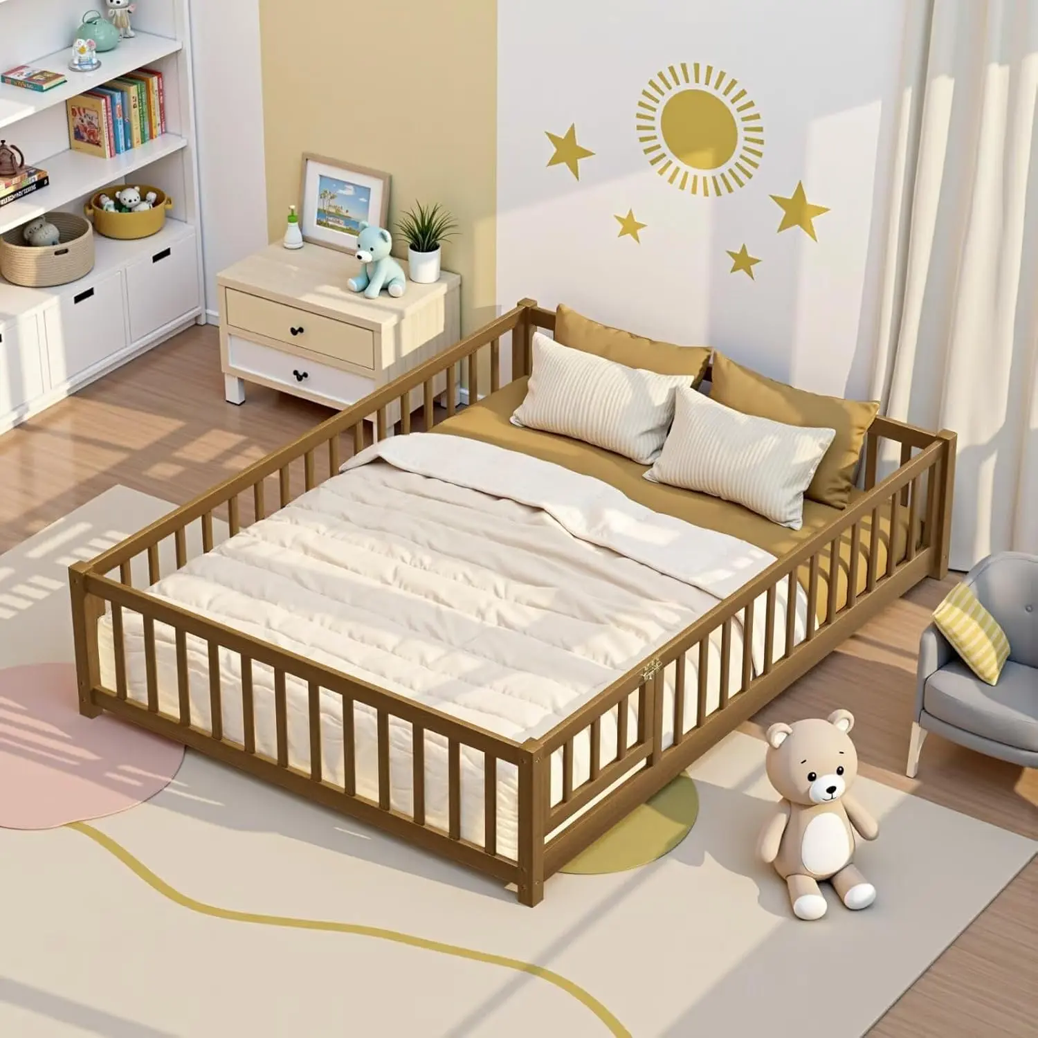NEKODO Montessori Floor Bed with Safety Door & Fence, Wooden Slat Support, Twin/Full/Queen Size Kids Bed Frame for Boys Girls, Multi Color Options for Children Bedroom