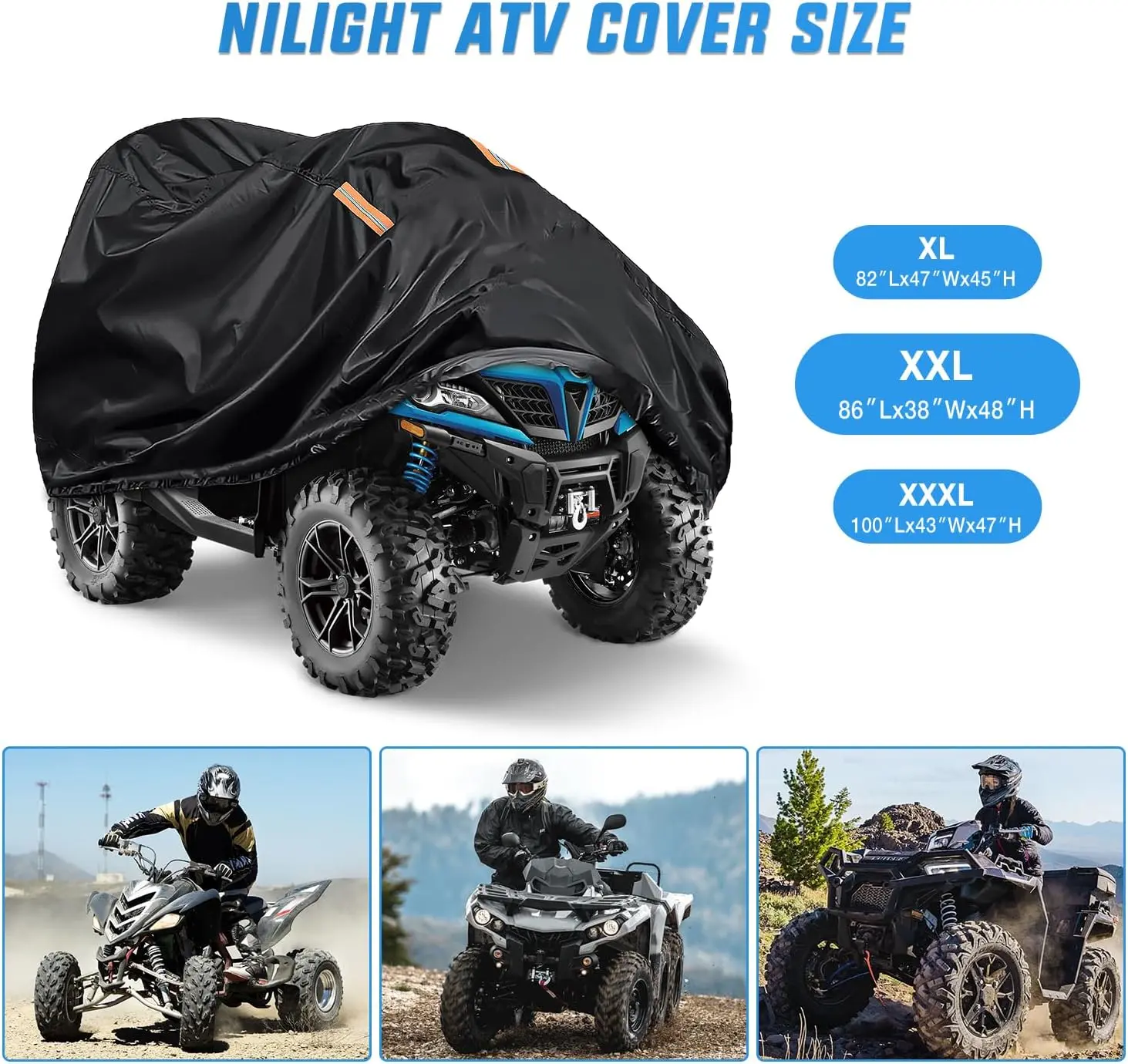Nilight 420D Heavy-Duty Ripstop Black ATV Cover - UV-Protection All-Weather Vehicle Accessory, Fits 4-Wheeler Up to 86" L x 48" W x 38" H
