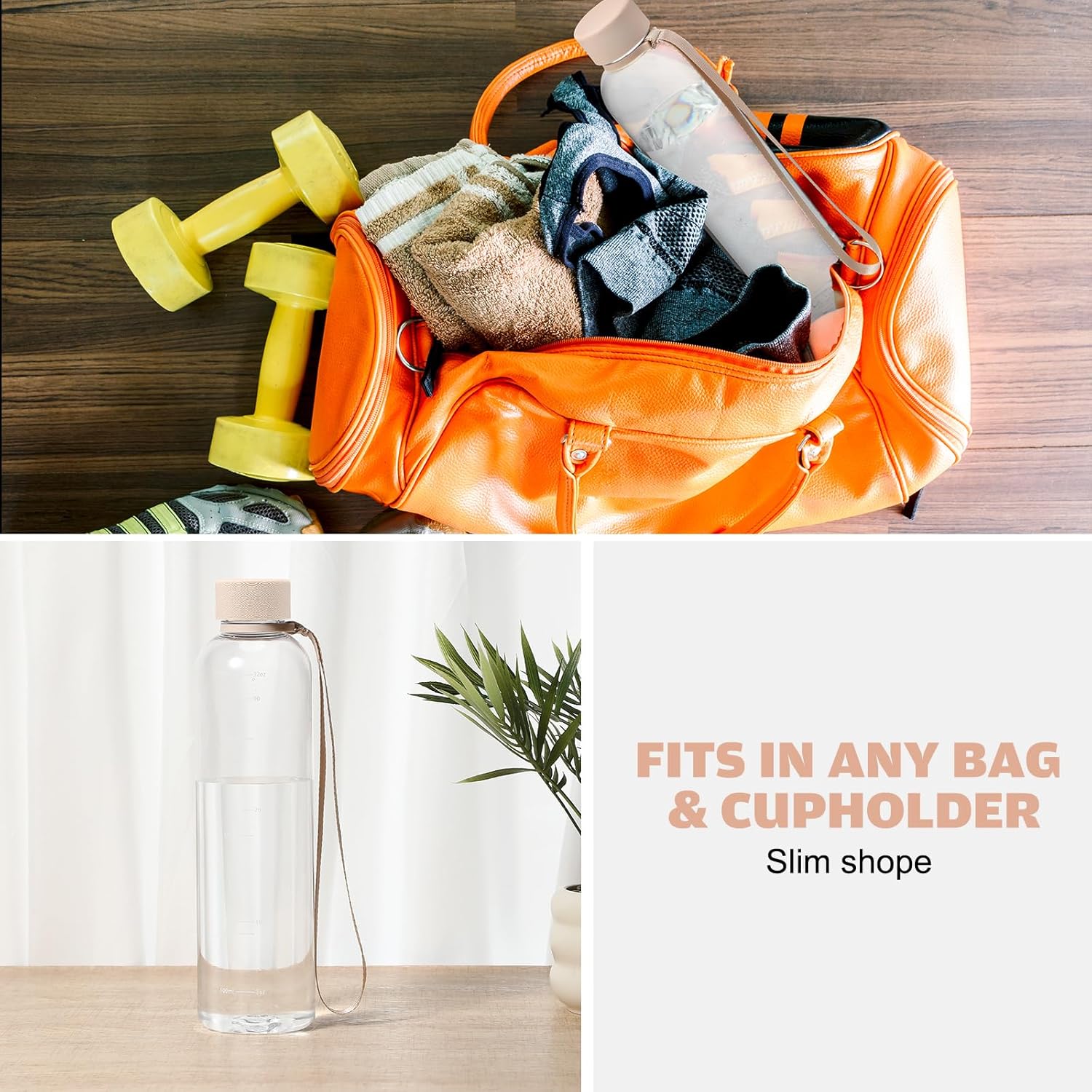 1 Pcs Slim 32oz/1L Water Bottle with Dual Lids Motivational Tracking Reminder BPA-Free Stainless Steel & Bamboo Straw Lid for Travel Sports School Gym Clear Drinkware Cup